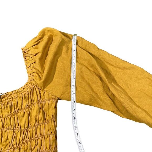 NWT A Loves A Straw Mustard Ruched Puff Long Sleeve Cropped Blouse Linen Blend S - Picture 9 of 12
